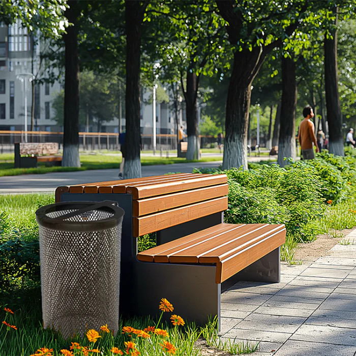 Aménagement urbain avec bancs et tables